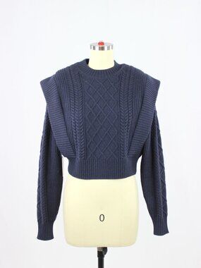 NWT Aritzia BABATON Seek Navy Wool Cable Knit Shoulder Pad Sweater, Size XXS
